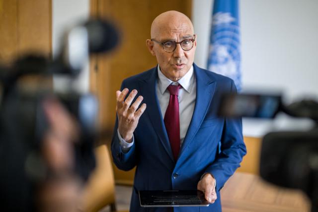 UN High Commissioner for Human Rights Volker Turk delivers a statement at the United Nations Offices in Geneva, on September 16, 2025. Volker Turk condemned Israel's ground assault on Gaza City as "totally and utterly unacceptable" and demanded an end to the "carnage". (Photo by Fabrice COFFRINI / AFP)