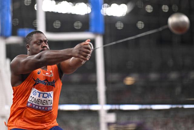 Netherlands' athlete Denzel Comenentia competes in the men's hammer throw final during the World Athletics Championships in Tokyo on September 16, 2025. (Photo by Kirill KUDRYAVTSEV / AFP)
