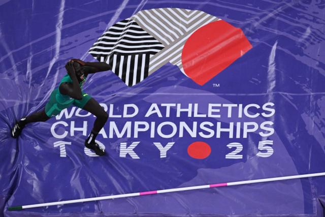 Australia's athlete Yual Reath reacts during the men's high jump final during the World Athletics Championships in Tokyo on September 16, 2025. (Photo by Antonin THUILLIER / AFP)