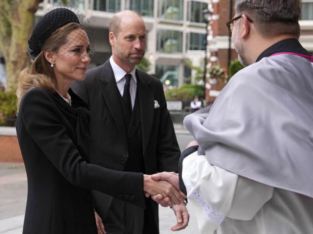Britain's Catherine, Princess of Wales and Britain's Prince William, Prince of Wales arrive to attend a Requiem Mass, a Catholic funeral service, for the late Katharine, Duchess of Kent, at Westminster Cathedral in London on September 16, 2025. Britain's Duchess of Kent, known for her links to the Wimbledon tennis tournament and for anonymously teaching music at a primary school. The duchess, a talented pianist, organist and singer, was born Katharine Worsley into an aristocratic family in Yorkshire, northern England. (Photo by Jordan Pettitt / AFP)