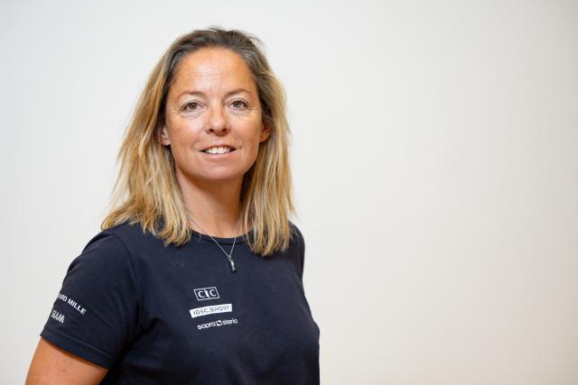 French skipper Alexia Barrier poses following a press conference in Paris on September 16, 2025. A crew of seven female sailors will attempt in November 2025 to break the crewed, round the world, unassisted, and non-stop sailing record, during the Jules Verne Trophy. (Photo by GEOFFROY VAN DER HASSELT / AFP)