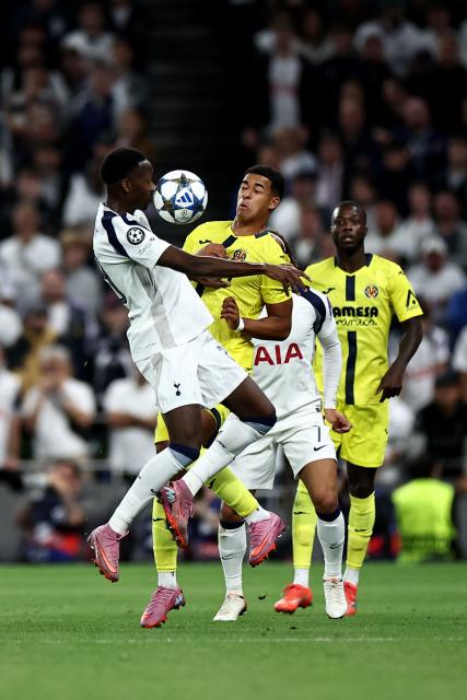Tottenham Hotspur's Senegalese forward #29 Pape Matar Sarr heads the ball during the UEFA Champions League football league stage match between Tottenham Hotspur and Villarreal at the Tottenham Hotspur Stadium in London, on September 16, 2025. (Photo by HENRY NICHOLLS / AFP)