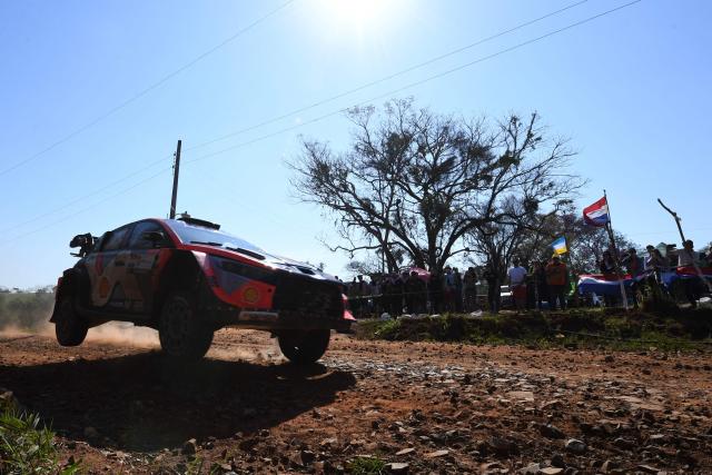 Belgium driver Thierry Neuville and co-driver Martijn Wydaeghe compete in their Hyundai i20 N Rally1 during the Artigas stage of the WRC Rally Paraguay, the 10th round of the FIA World Rally Championship (WRC), in General Artigas near Encarnacion, Paraguay, on August 30, 2025. (Photo by Luis ROBAYO / AFP)