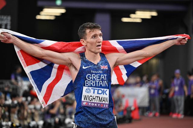 Britain's athlete Jake Wightman celebrates finishing second in the men's 1500m final during the World Athletics Championships in Tokyo on September 17, 2025. (Photo by Kirill KUDRYAVTSEV / AFP)