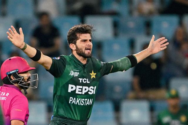Pakistan's Shaheen Shah Afridi (R) gestures as UAE's Alishan Sharafu looks on during the Asia Cup 2025 Twenty20 international cricket match between United Arab Emirates and Pakistan at the Dubai International Stadium in Dubai on September 17, 2025. (Photo by Sajjad HUSSAIN / AFP)