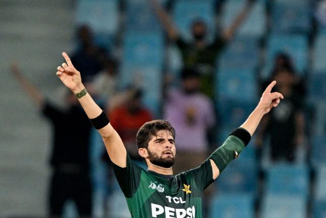 Pakistan's Shaheen Shah Afridi celebrates after taking the wicket of UAE's Alishan Sharafu during the Asia Cup 2025 Twenty20 international cricket match between United Arab Emirates and Pakistan at the Dubai International Stadium in Dubai on September 17, 2025. (Photo by Sajjad HUSSAIN / AFP)