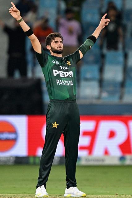 Pakistan's Shaheen Shah Afridi celebrates after taking the wicket of UAE's Alishan Sharafu during the Asia Cup 2025 Twenty20 international cricket match between United Arab Emirates and Pakistan at the Dubai International Stadium in Dubai on September 17, 2025. (Photo by Sajjad HUSSAIN / AFP)