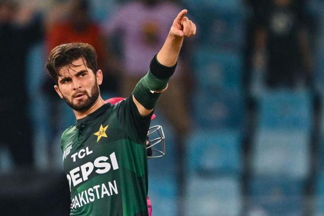 Pakistan's Shaheen Shah Afridi celebrates after taking the wicket of UAE's Alishan Sharafu during the Asia Cup 2025 Twenty20 international cricket match between United Arab Emirates and Pakistan at the Dubai International Stadium in Dubai on September 17, 2025. (Photo by Sajjad HUSSAIN / AFP)