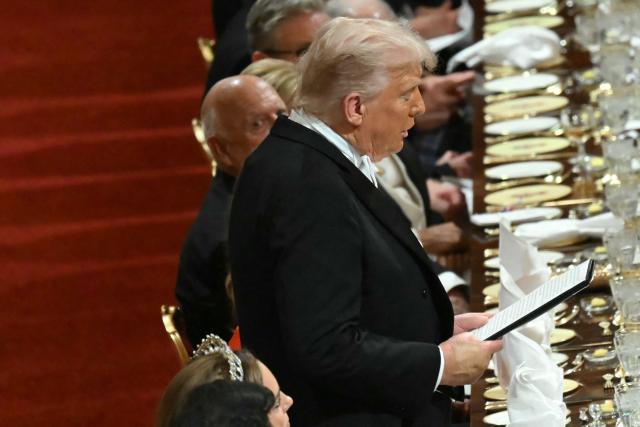 US President Donald Trump delivers a speech at a State Banquet at Windsor Castle, in Windsor, on September 17, 2025, during the US President's second State Visit. US President Donald Trump arrived in Britain for an unprecedented second State Visit, with the UK government rolling out a royal red carpet welcome to win over the mercurial leader. (Photo by ANDREW CABALLERO-REYNOLDS / POOL / AFP)