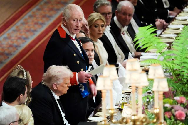 Britain's King Charles III delivers a speech during a State Banquet at Windsor Castle, in Windsor, on September 17, 2025, during the US President's second State Visit. US President Donald Trump arrived in Britain for an unprecedented second State Visit, with the UK government rolling out a royal red carpet welcome to win over the mercurial leader. (Photo by Evan Vucci / POOL / AFP)