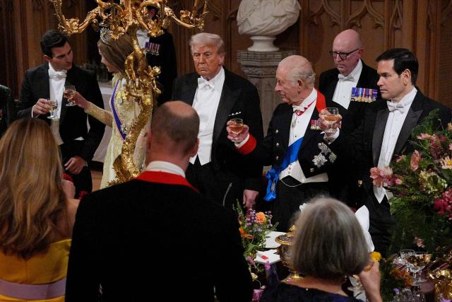 US President Donald Trump and Britain's King Charles III attend a State Banquet at Windsor Castle, in Windsor, on September 17, 2025, during the US President's second State Visit. US President Donald Trump arrived in Britain for an unprecedented second State Visit, with the UK government rolling out a royal red carpet welcome to win over the mercurial leader. (Photo by Yui Mok / POOL / AFP)