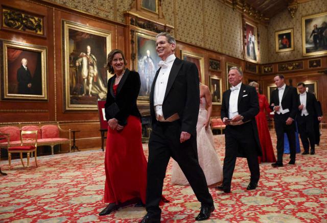 Olympic rower, Katherine Grainger and US Secretary of Treasury Scott Bessent attend a State Banquet at Windsor Castle, in Windsor, on September 17, 2025, during the second State Visit of US President Donald Trump. US President Donald Trump arrived in Britain for an unprecedented second State Visit, with the UK government rolling out a royal red carpet welcome to win over the mercurial leader. (Photo by Kevin Lamarque / POOL / AFP)