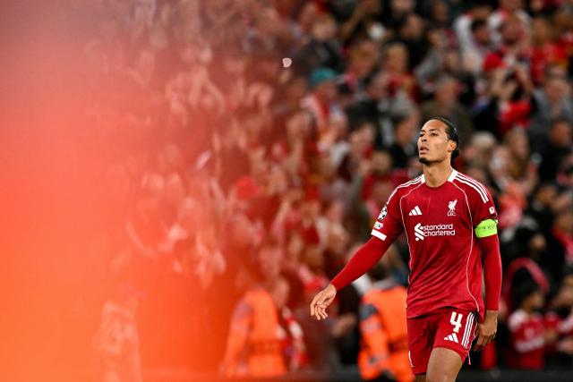 Liverpool's Dutch defender #04 Virgil van Dijk looks on at the end of the UEFA Champions League first round football match between Liverpool and Atletico Madrid at Anfield in Liverpool, north west England on September 17, 2025. (Photo by Oli SCARFF / AFP)