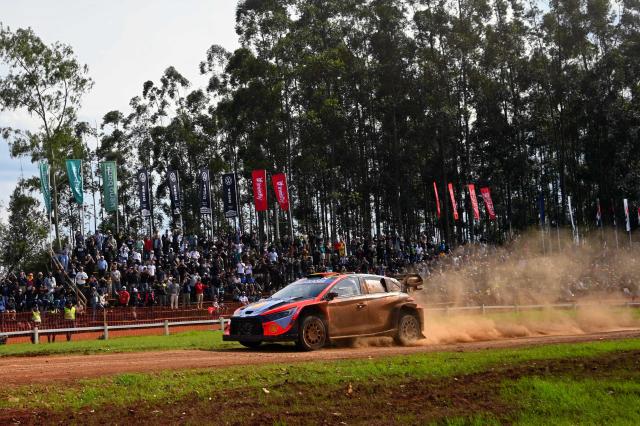 Belgium driver Thierry Neuville and co-driver Martijn Wydaeghe compete in their Hyundai i20 N Rally1 during the Trinidad stage of the WRC Rally Paraguay, 10th stage of the FIA World Rally Championship (WRC), in Trinidad, near Encarnacion, Paraguay, on August 31, 2025. (Photo by Luis ROBAYO / AFP)