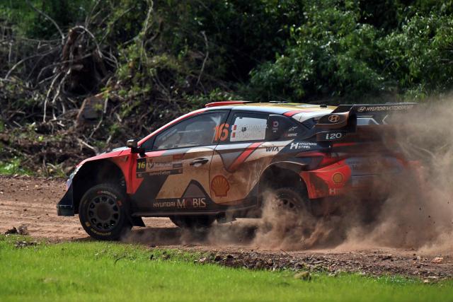 French driver Adrien Fourmaux and co-driver Alexandre Coria compete in their Hyundai i20 N Rally1 during the Trinidad stage of the WRC Rally Paraguay, 10th stage of the FIA World Rally Championship (WRC), in Trinidad, near Encarnacion, Paraguay, on August 31, 2025. (Photo by Luis ROBAYO / AFP)