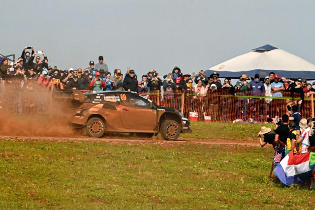 Finnish driver Kalle Rovanpera and co-driver Jonne Halttunen compete in their Toyota GR Yaris Rally1 during the Trinidad stage of the WRC Rally Paraguay, 10th stage of the FIA World Rally Championship (WRC), in Trinidad, near Encarnacion, Paraguay on August 31, 2025. (Photo by Luis ROBAYO / AFP)