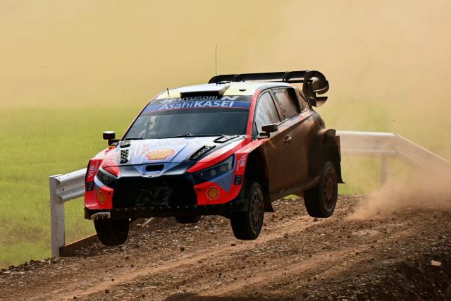 Estonian driver Ott Tanak and co-driver Martin Jarveoja compete in their Hyundai i20 N Rally1 during the Trinidad stage of the WRC Rally Paraguay, 10th stage of the FIA World Rally Championship (WRC), in Trinidad, near Encarnacion, Paraguay on August 31, 2025. (Photo by Luis ROBAYO / AFP)