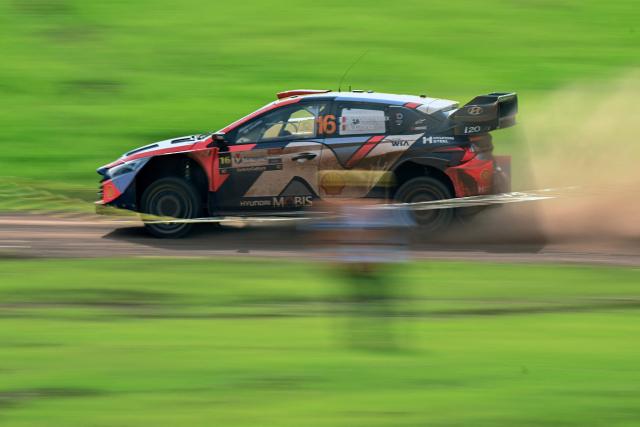 French driver Adrien Fourmaux and co-driver Alexandre Coria compete in their Hyundai i20 N Rally1 during the Trinidad stage of the WRC Rally Paraguay, 10th stage of the FIA World Rally Championship (WRC), in Trinidad, near Encarnacion, Paraguay, on August 31, 2025. (Photo by Luis ROBAYO / AFP)