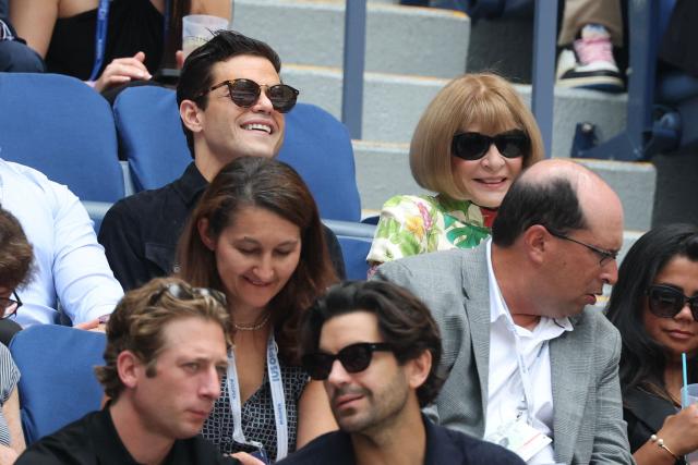 Vogue's global editorial director Anna Wintour (top, R) and US actor Rami Malek (top, L) attend the men's singles round of 16 tennis match between Canada’s Felix Auger-Aliassime and Russia’s Andrey Rublev on day nine of the US Open tennis tournament at the USTA Billie Jean King National Tennis Center in New York City, on September 1, 2025. (Photo by TIMOTHY A.CLARY / AFP)