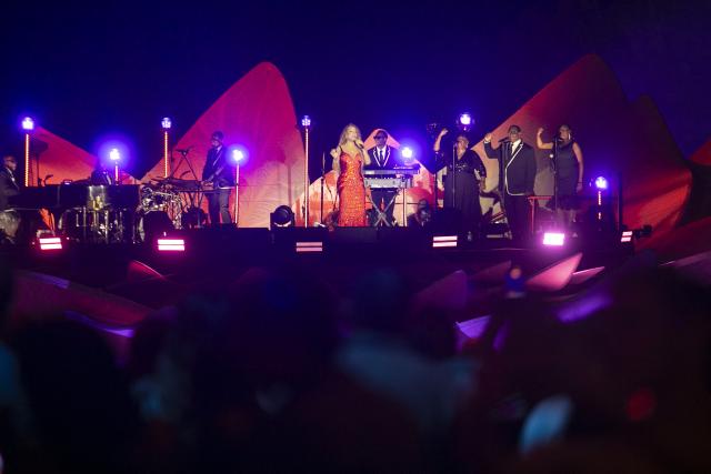 US singer and songwriter Mariah Carey performs during the Amazonia Live festival on a floating stage on the Guama River in Belem, Brazil on September 17, 2025. (Photo by Tarso SARRAF / AFP)