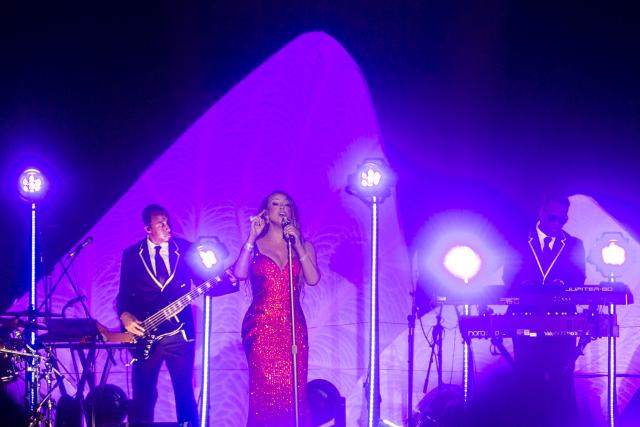 US singer and songwriter Mariah Carey performs during the Amazonia Live festival on a floating stage on the Guama River in Belem, Brazil on September 17, 2025. (Photo by Tarso SARRAF / AFP)