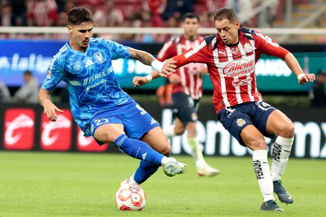 Tigres' Brazilian midfielder #23 Romulo Zwarg and Guadalajara's forward #14 Javier Hernandez fight for the ball during the Liga MX Apertura football tournament match between Guadalajara and Tigres at the Akron Stadium in Zapopan, Jalisco state, Mexico on September 17, 2025. (Photo by Ulises Ruiz / AFP)