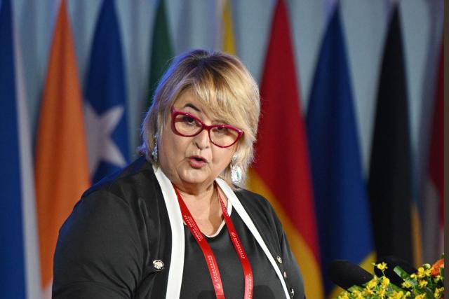 Uruguay’s Defence Minister Sandra Lazo speaks during the plenary session of the Xiangshan Forum at the Beijing International Convention Center in Beijing on September 18, 2025. (Photo by GREG BAKER / AFP)