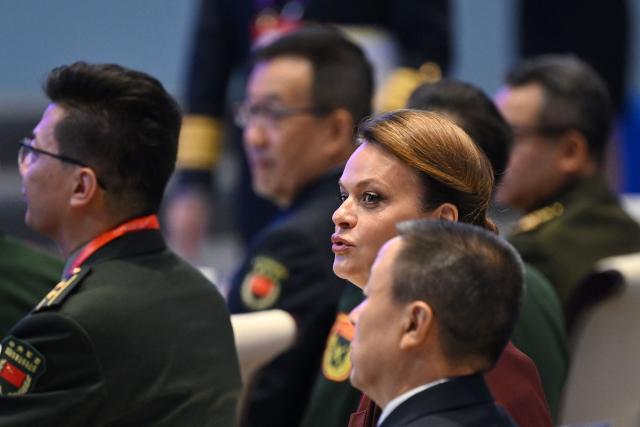 Russian Deputy Defence Minister Anna Tsivileva (C) attends the opening ceremony of the Xiangshan Forum at the Beijing International Convention Center in Beijing on September 18, 2025. (Photo by GREG BAKER / AFP)