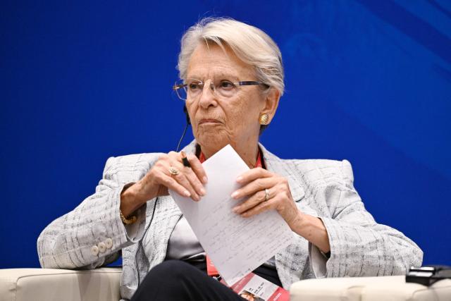 French politician Michele Alliot-Marie listens during a panel discussion at the Xiangshan Forum in Beijing on September 18, 2025. (Photo by GREG BAKER / AFP)