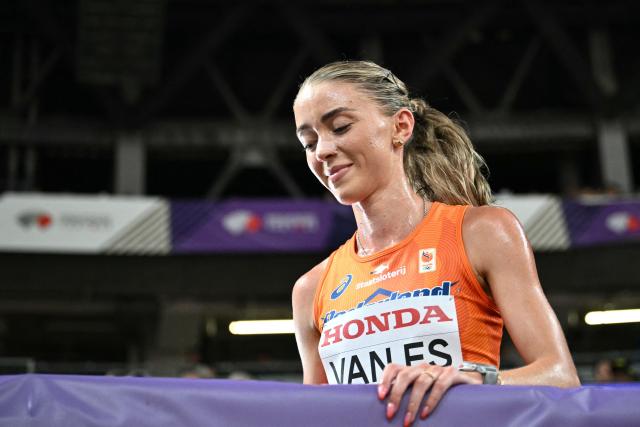 Netherlands' Diane van Es reacts after competing in the women's 5000m heats during the World Athletics Championships in Tokyo on September 18, 2025. (Photo by Philip FONG / AFP)