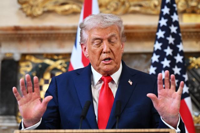 US President Donald Trump speaks during a joint press conference with Britain's Prime Minister Keir Starmer (unseen) following their meeting at Chequers, in Aylesbury, central England, on September 18, 2025, on the second day of the US President's second State Visit. After the royal hospitality and pageantry, US President Donald Trump's unprecedented second state visit to the UK takes a serious turn on Thursday when he is hosted by Prime Minister Keir Starmer for wide-ranging talks. (Photo by Leon Neal / POOL / AFP)