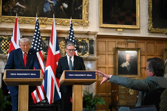US President Donald Trump (L) and Britain's Prime Minister Keir Starmer (R) listen to a journalist's question during a joint press conference following their meeting at Chequers, in Aylesbury, central England, on September 18, 2025, on the second day of the US President's second State Visit. After the royal hospitality and pageantry, US President Donald Trump's unprecedented second state visit to the UK takes a serious turn on Thursday when he is hosted by Prime Minister Keir Starmer for wide-ranging talks. (Photo by ANDREW CABALLERO-REYNOLDS / AFP)