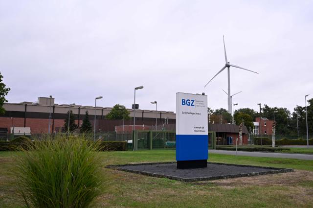 A photo shows a sign of the Ahaus interim storage facility in Ahaus, western Germany on September 18, 2025. On August 26, 2025, the Federal Office for the Safety of Nuclear Waste Disposal (BASE) approved the controversial transport of nuclear waste from Juelich in the Rhineland to the interim storage facility in Ahaus in the Muensterland region. (Photo by Ina FASSBENDER / AFP)