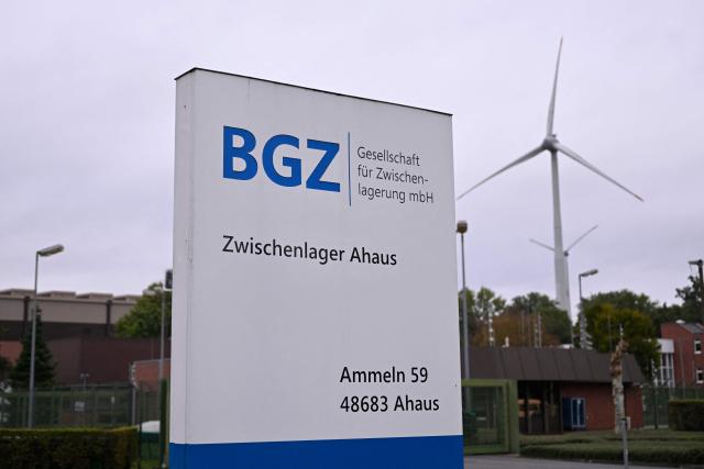 A photo shows a sign of the Ahaus interim storage facility in Ahaus, western Germany on September 18, 2025. On August 26, 2025, the Federal Office for the Safety of Nuclear Waste Disposal (BASE) approved the controversial transport of nuclear waste from Juelich in the Rhineland to the interim storage facility in Ahaus in the Muensterland region. (Photo by Ina FASSBENDER / AFP)