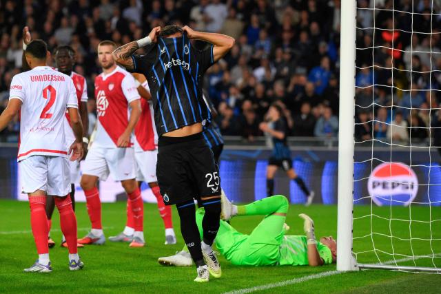 Club Brugge's Serbian midfielder #25 Aleksandar Stankovi? reacts after missing a goal opportunity during the UEFA Champions League first round day 1 football match between Club Brugge and AS Monaco at Jan Breydelstadion stadium, in Bruges, on September 18, 2025. (Photo by JOHN THYS / AFP)