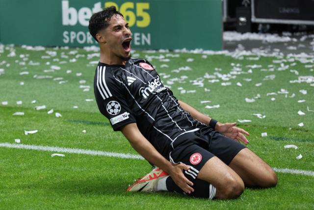 Frankfurt's Turkish forward #42 Can Uzun celebrates during the UEFA Champions League league phase day 1 football match between Eintracht Frankfurt and Galatasaray in Frankfurt, western Germany on September 18, 2025. (Photo by Daniel ROLAND / AFP)