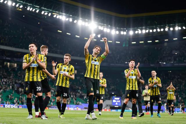 Kairat Almaty players react at the end of the UEFA Champions League first round day 1 football match between Sporting CP and Kairat Almaty at Alvalade stadium in Lisbon on September 18, 2025. (Photo by FILIPE AMORIM / AFP)