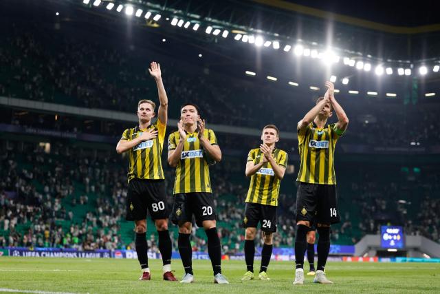 Kairat Almaty players react at the end of the UEFA Champions League first round day 1 football match between Sporting CP and Kairat Almaty at Alvalade stadium in Lisbon on September 18, 2025. (Photo by FILIPE AMORIM / AFP)