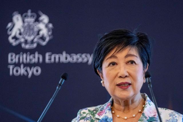 Tokyo Governor Yuriko Koike delivers a speech at the MUSUBI Initiative reception to mark the visit of Britain's Prince Edward, Duke of Edinburgh, at the British embassy in Tokyo on September 19, 2025. (Photo by Kazuhiro NOGI / AFP)