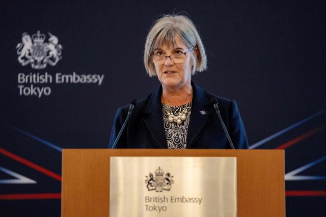 Britain's Ambassador to Japan Julia Longbottom delivers a speech at the MUSUBI Initiative reception to mark the visit of Britain's Prince Edward, Duke of Edinburgh, at the British embassy in Tokyo on September 19, 2025. (Photo by Kazuhiro NOGI / AFP)