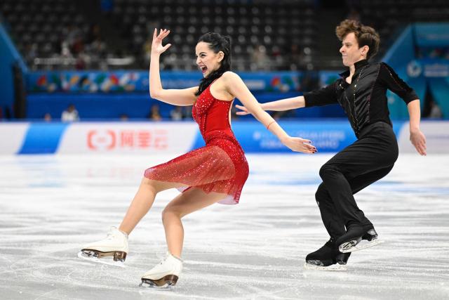 Israel‘s Shira Ichilov and Mikhail Nosovitskiy compete in the Ice Dance Rhythm Dance during the ISU Skate to Milano Figure Skating qualifier 2025 in Beijing on September 19, 2025. (Photo by WANG Zhao / AFP)