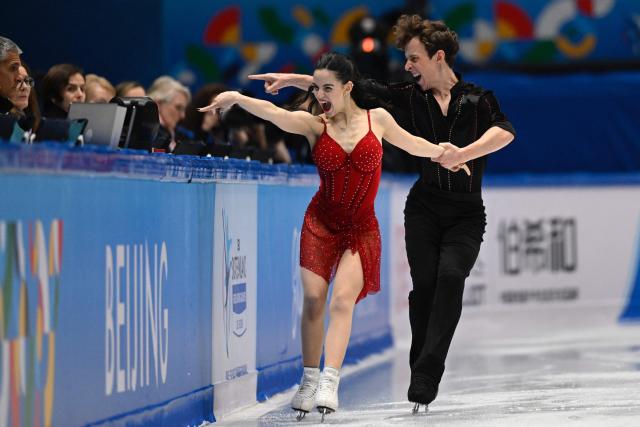 Israel‘s Shira Ichilov and Mikhail Nosovitskiy compete in the Ice Dance Rhythm Dance during the ISU Skate to Milano Figure Skating qualifier 2025 in Beijing on September 19, 2025. (Photo by WANG Zhao / AFP)