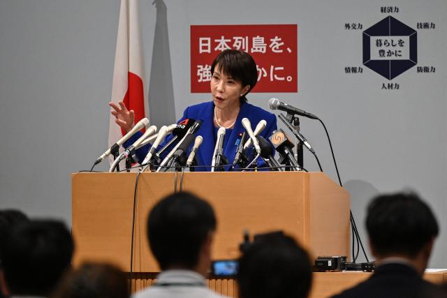 Japanese veteran Liberal Democratic Party (LDP) lawmaker Sanae Takaichi speaks to the media during a press conference in Tokyo on September 19, 2025. Takaichi said on September 18 she will run in the ruling party's leadership election, a campaign that could make her Japan's first woman prime minister. (Photo by Richard A. Brooks / AFP)