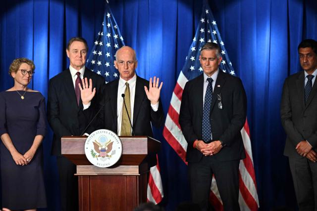 US Representative Adam Smith (C), Democratic ranking member of the House Armed Services Committee speaks flanked by (L-R) Chrissy Houlahan, Democratic member of House Armed Services Committee, David Perdue, US Ambassador to China, Michael Baumgartner, Republican member of House Foreign Affairs Committee and Ro Khanna, Democratic member of House Armed Services Committee, during a press conference at the US embassy in Beijing on September 23, 2025. (Photo by Pedro PARDO / AFP)