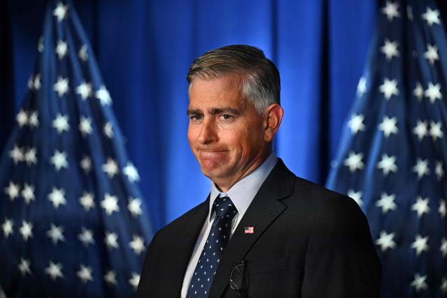 Michael Baumgartner, Republican member of House Foreign Affairs Committee, attends a press conference at the US embassy in Beijing on September 23, 2025. (Photo by Pedro PARDO / AFP)