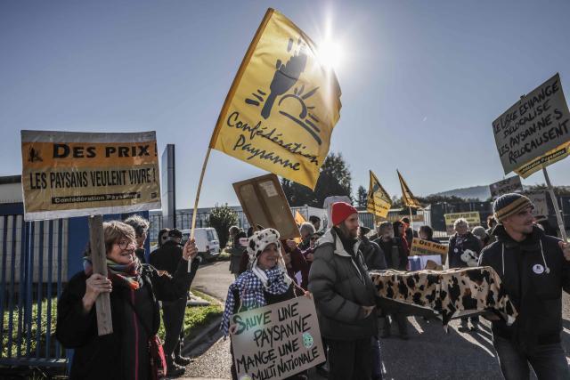 (FILES) Farmers hold placards and flags during a rally organized by the Confederation Paysanne du Lot et Garonne farmer union to protest against the EU-Mercosur agreement in front of a Mercedes dealership in Le Passage, near Agen, France, on November 15, 2024. The Confederation Paysanne farmers' union has called for a demonstration in Paris on 14 October, with ‘tractors at the forefront’, in order to ‘stop the EU-Mercosur free trade agreement’, for which Brussels has launched the ratification process, according to a statement released on Tuesday. (Photo by Thibaud MORITZ / AFP)