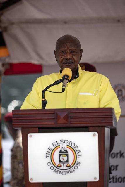 Ugandan President Yoweri Museveni addresses the media after being nominated as a Presidential candidate for his seventh term in office at the electoral commission offices in Wakiso on September 23, 2025. (Photo by BADRU KATUMBA / AFP)