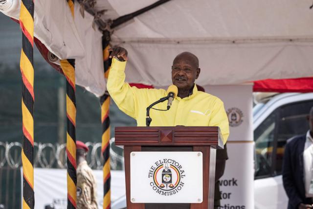 Ugandan President Yoweri Museveni addresses the media after being nominated as a Presidential candidate for his seventh term in office at the electoral commission offices in Wakiso on September 23, 2025. (Photo by BADRU KATUMBA / AFP)