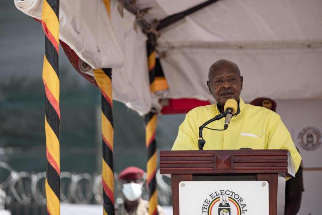 Ugandan President Yoweri Museveni addresses the media after being nominated as a Presidential candidate for his seventh term in office at the electoral commission offices in Wakiso on September 23, 2025. (Photo by BADRU KATUMBA / AFP)
