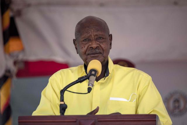 Ugandan President Yoweri Museveni addresses the media after being nominated as a Presidential candidate for his seventh term in office at the electoral commission offices in Wakiso on September 23, 2025. (Photo by BADRU KATUMBA / AFP)